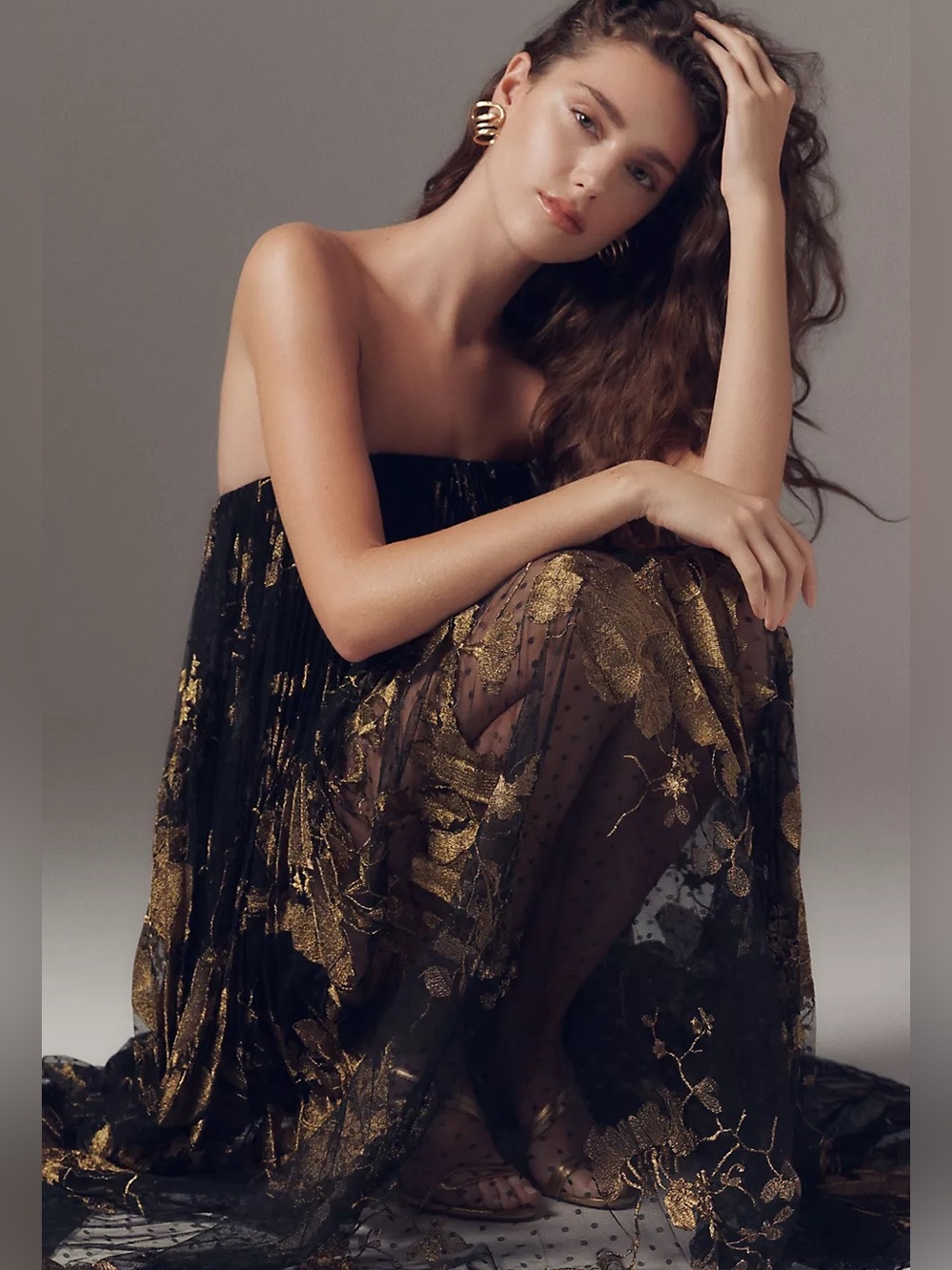 Helsi Delphine Strapless Pleated Sheer Lace Maxi Dressyy black/Gold Size S NWT